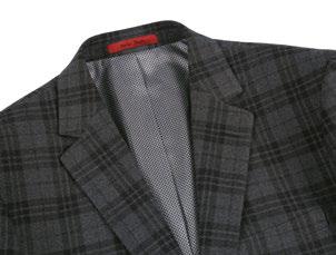 Introducing the Renoir Alessandro Vitello 2-Piece Slim Fit Suit 294-15, a fashionable gray plaid blazer showcasing a classic notch lapel, two-button closure, and side vent for enhanced mobility, elegantly finished with a crisp white pocket square.
