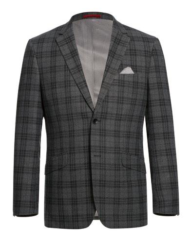 Introducing the Renoir Alessandro Vitello 2-Piece Slim Fit Suit 294-15, a fashionable gray plaid blazer showcasing a classic notch lapel, two-button closure, and side vent for enhanced mobility, elegantly finished with a crisp white pocket square.
