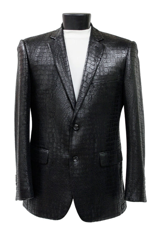 The Bassiri Blazer J1041-Black, a creation by Bassiri boasting a sleek crocodile pattern in black, is gracefully showcased on a mannequin. It features two buttons and front pockets, providing an exquisite look when layered over a white turtleneck top. This model skillfully merges classic tailoring with contemporary style.