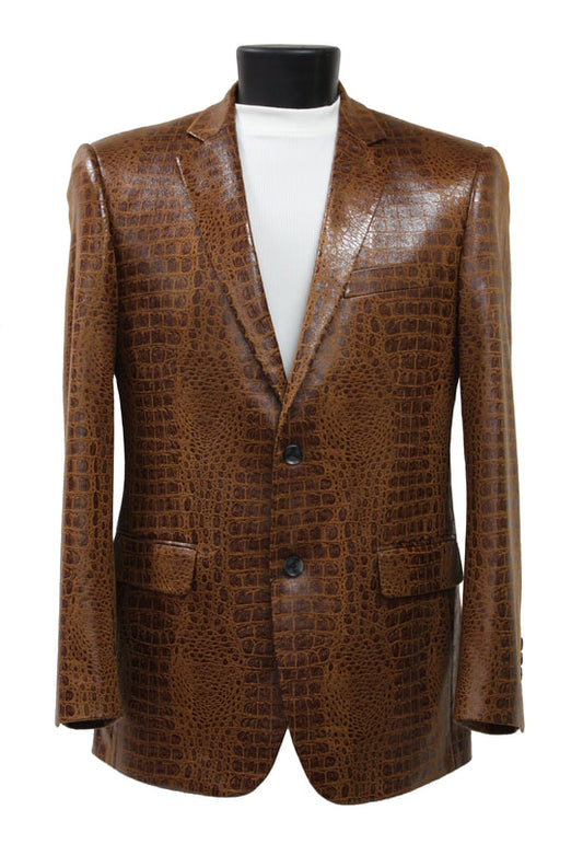 The Bassiri Blazer J1041-Cognac, by Bassiri, in a luxurious cognac crocodile pattern, is beautifully displayed on a black mannequin torso and complemented with a chic white turtleneck.