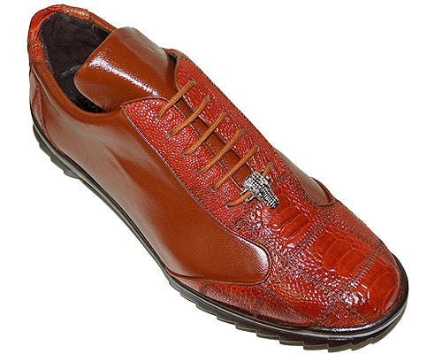 The Los Altos ZEUS Cognac Ostrich Leg (ZC091903), crafted from exotic skins, showcases a bold style statement. This brown leather footwear features a textured design and metallic embellishments on the laces, offering a unique touch with its elegant Ostrich Leg detailing.