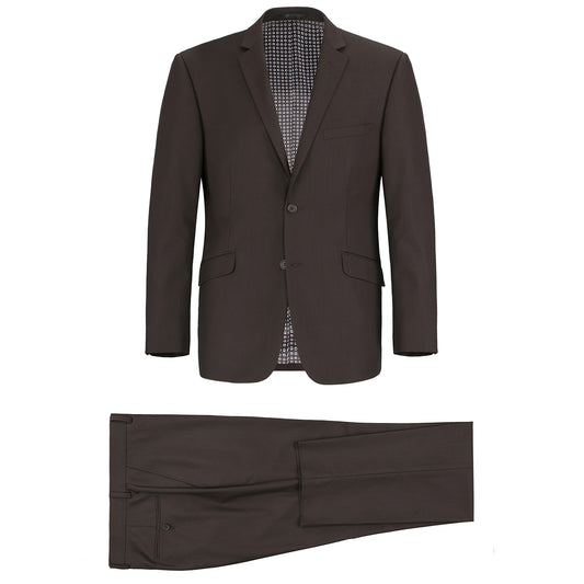 The Alessandro Vitello by Renoir 2-Piece Slim Fit Notch Lapel Solid Suit 201-5, featuring a men's slim fit dark brown suit jacket with a notch lapel and matching pants, is elegantly displayed on a white background.