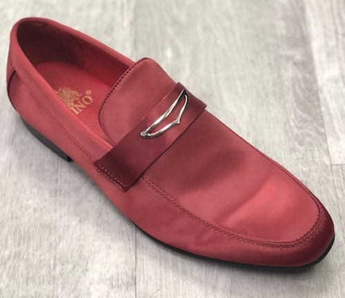 The "Exclusive Satin Formal Satin with Buckle Solid Red" by UNIQUE DESIGN MENSWEAR, crafted with Italian precision, rests elegantly on a wooden floor.