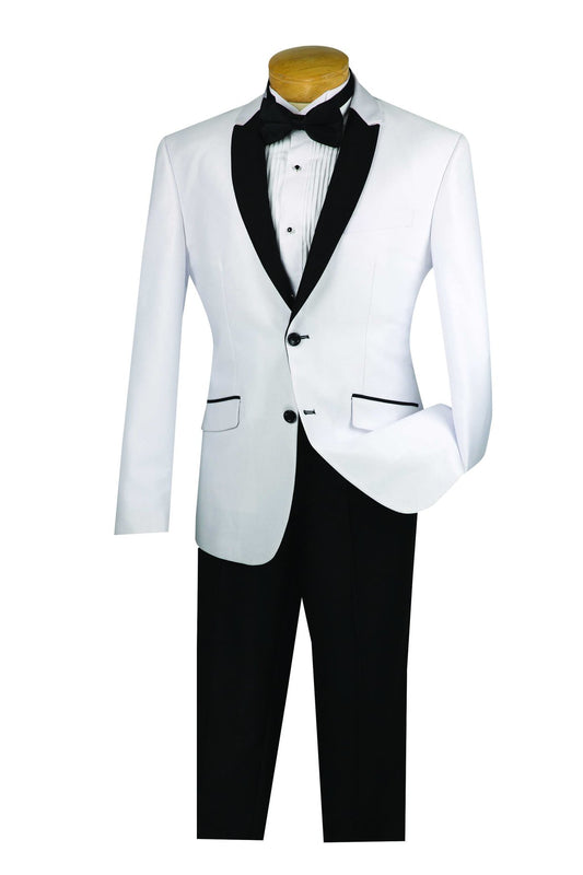 A mannequin showcases the Slim Fit Shiny Sharkskin 2 Piece Suit (White) S2PS-1 by Vinci Suits. The sleek white tuxedo, featuring black lapels, bow tie, and pants, blends classic elegance with modern sophistication against a plain backdrop.