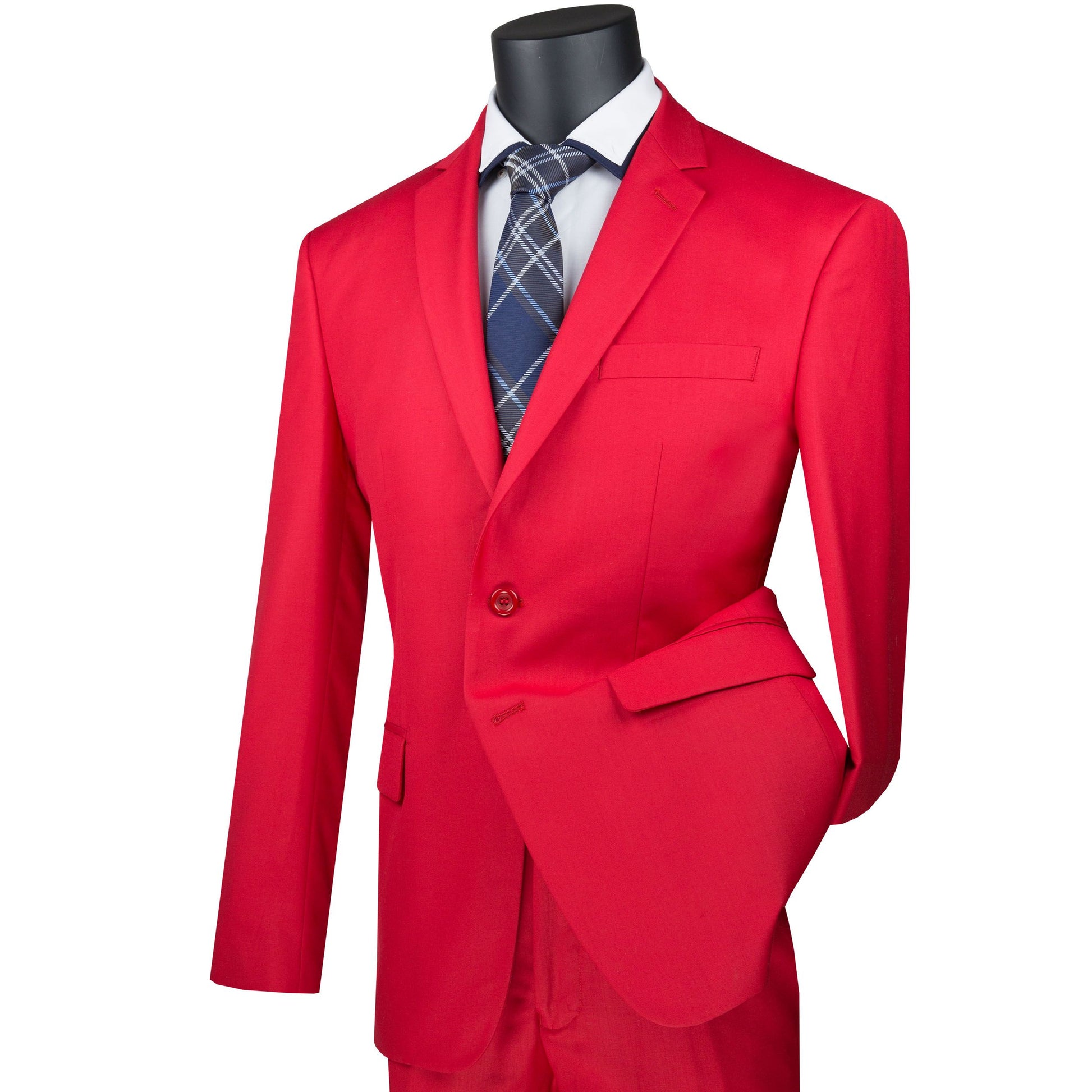 The mannequin showcases Vinci Suits' striking Slim Fit 2 Piece 2 Button Suit (Red) SC900-12, paired with a crisp white shirt and blue tartan tie. This sophisticated, wrinkle-resistant ensemble ensures all-day sharpness and style.