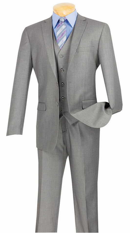 Displayed elegantly on a mannequin is the Vinci Suits Slim Fit 3 Piece 2 Button Suit SV2900 in Medium Gray, paired with a blue shirt and striped tie.