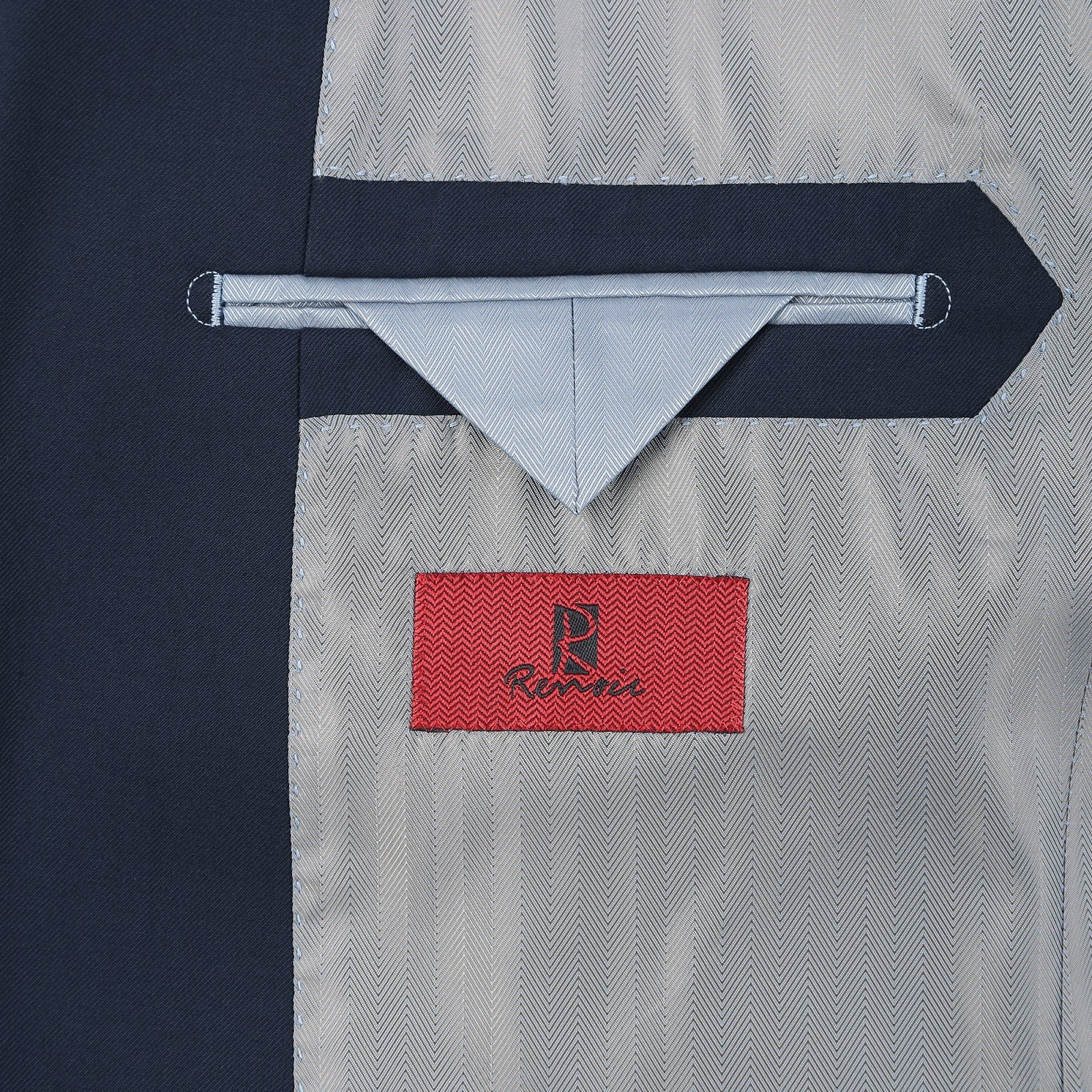 The Alessandro Vitello by Renoir Navy Blue 2-Piece Classic Fit Single Breasted Notch Lapel Suit 201-19 provides lightweight comfort, featuring a single-breasted jacket and matching pants, all showcased on a white background.