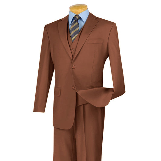 On a mannequin, the Vinci Suits' Regular Fit 3 Piece Suit 2 Button (Cognac) V2TR is paired with a light blue shirt and striped tie.