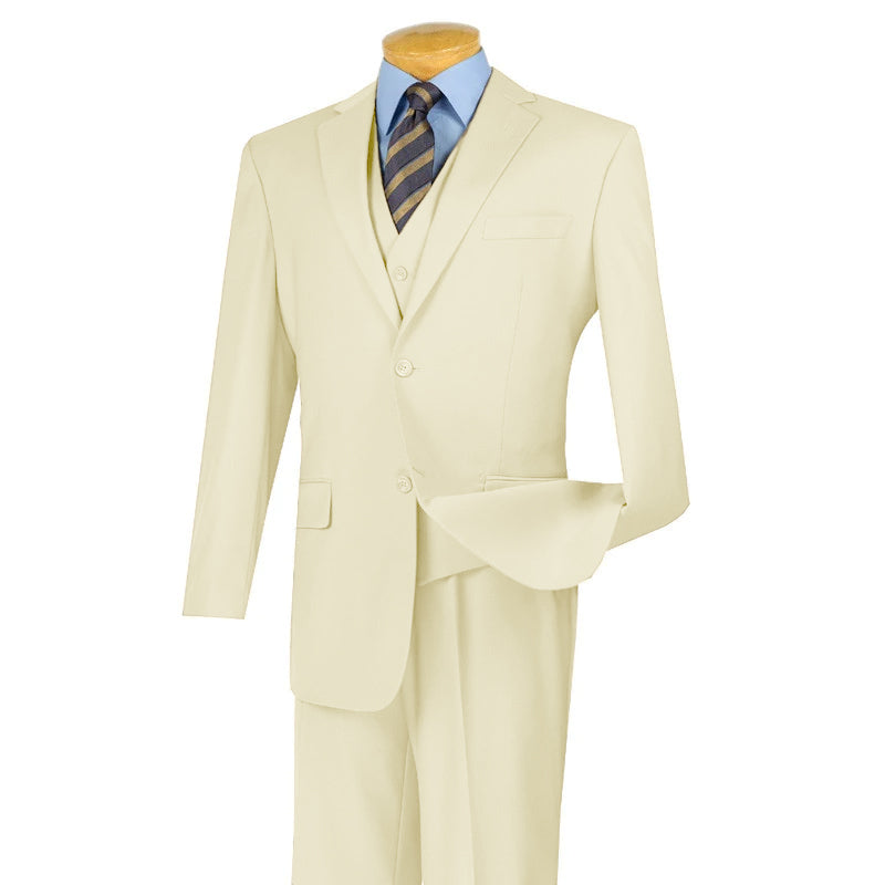 The Vinci Suits Regular Fit 3 Piece Suit, featuring the V2TR ivory design with a matching vest, light blue shirt, and striped tie is showcased on a mannequin. This ensemble is ideal for those who enjoy classic elegance.