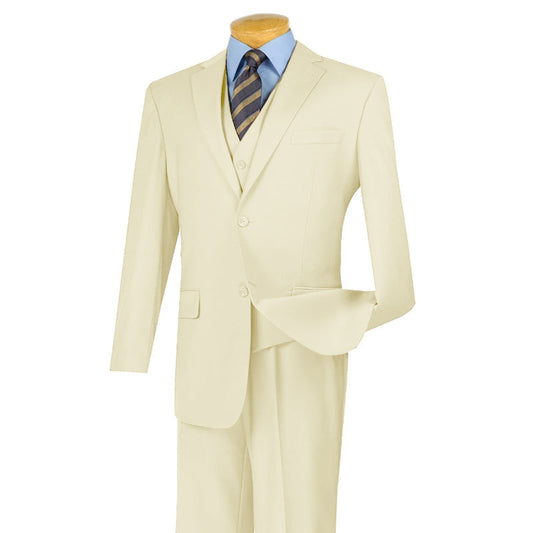 The Vinci Suits Regular Fit 3 Piece Suit, featuring the V2TR ivory design with a matching vest, light blue shirt, and striped tie is showcased on a mannequin. This ensemble is ideal for those who enjoy classic elegance.