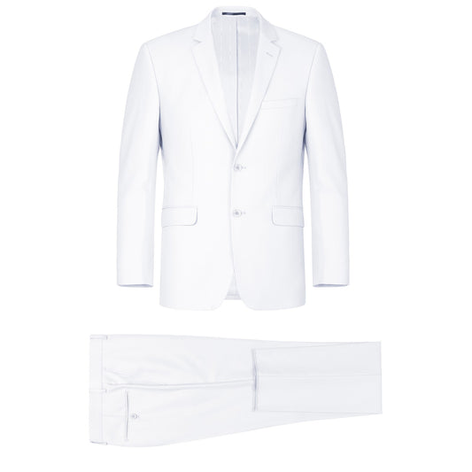 The Alessandro Vitello by Renoir white 2-piece slim fit suit, featuring a single breasted notch lapel blazer and coordinating trousers with full lining for enhanced comfort, is showcased against a white background.